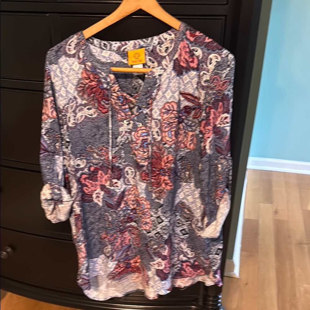 Ruby Rd. Graphic Cuffed Sleeve Blouse Purple and Pink